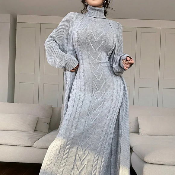 Grey Casual Women's High Neck Sleeveless Sweater Dress w/Cardigan - Picture 2 of 7